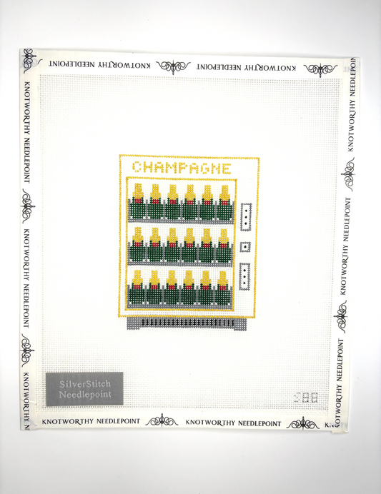 Silver Stitch Champagne Vending Machine stitch-painted 18 mesh needlepoint canvas 3.5 x 4.5 inches
