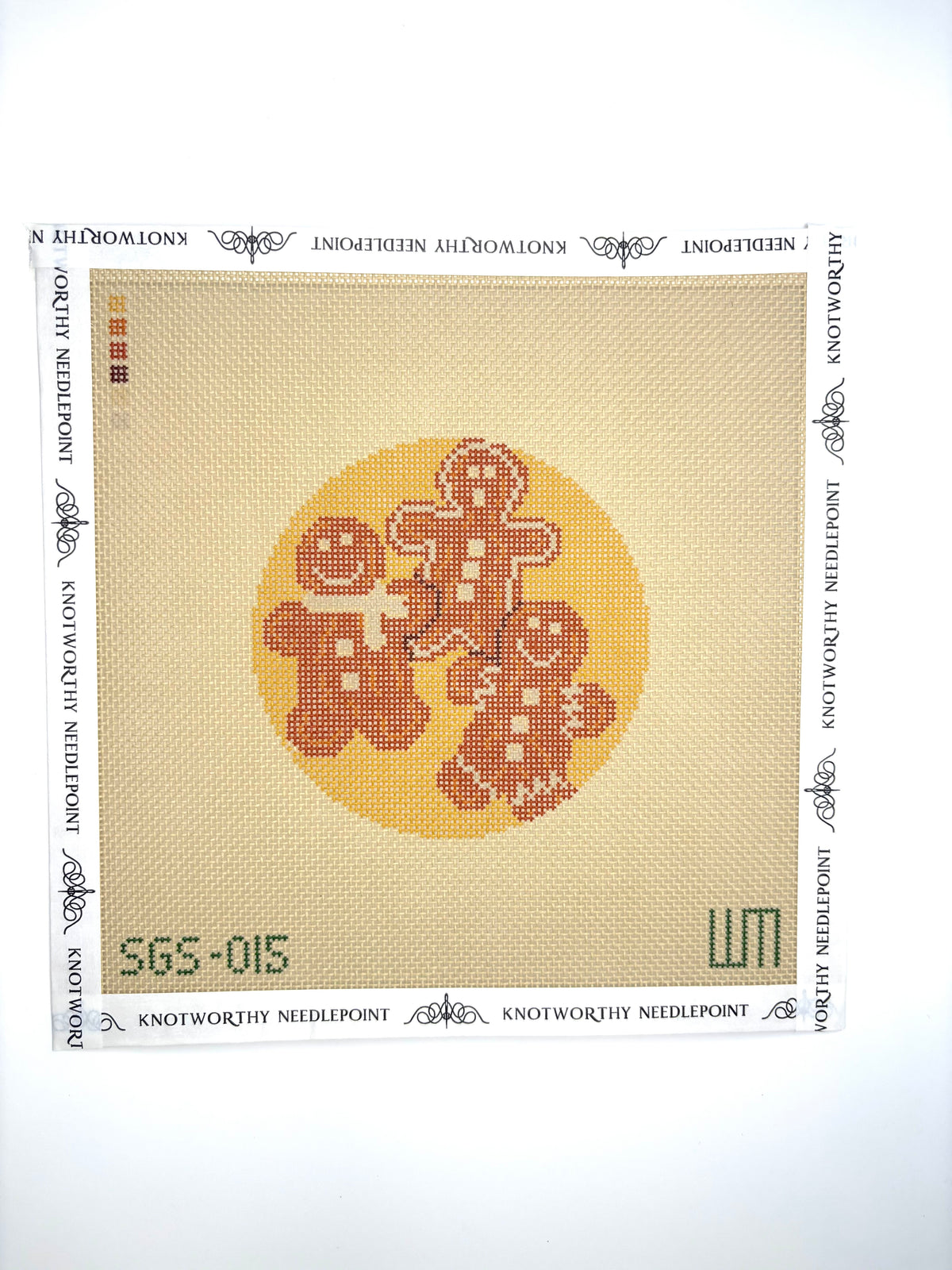 Spring Gate Stitchery Gingerbread Men Round 4 inch 18 mesh needlepoint canvas from the Holiday Cookie Collection