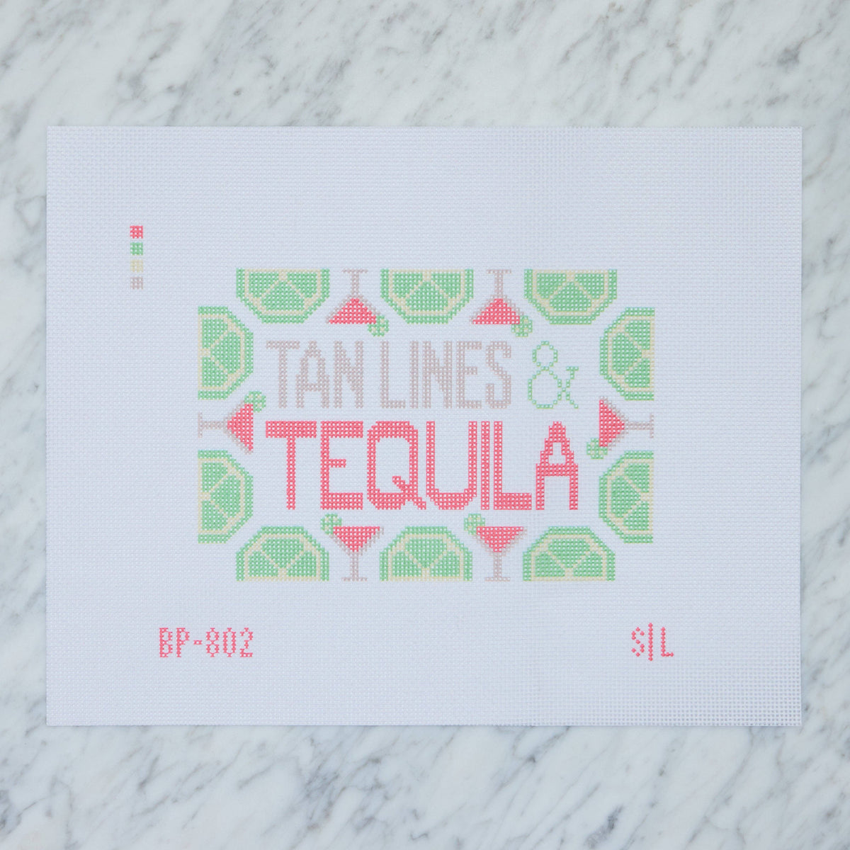 Stitch Lane Designs Tan Lines and Tequila professionally printed 18 mesh beach needlepoint canvas