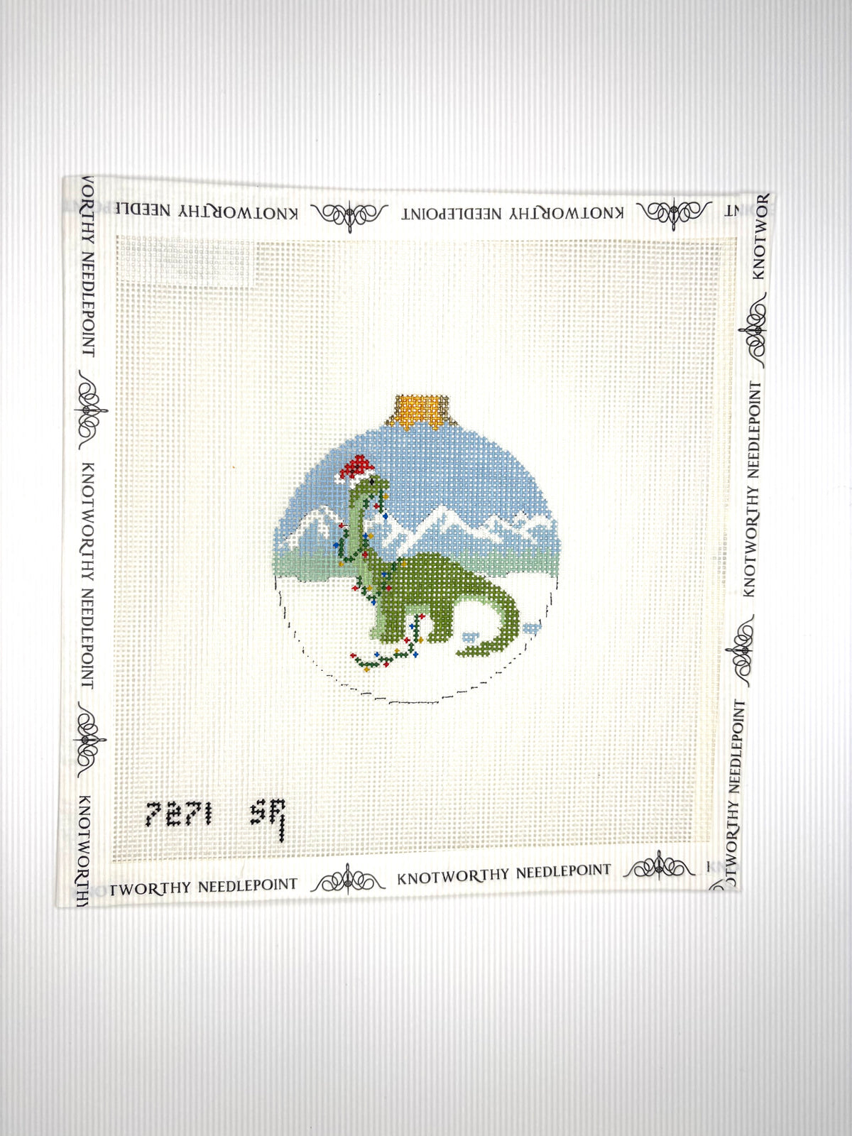 Susan Roberts Dinosaur in Lights hand-painted 18 mesh Christmas needlepoint canvas 3.25 inch round 7271
