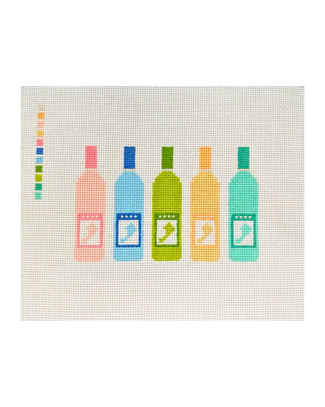 Threaded & Tipsy Colorful Wine Bottles 13 mesh needlepoint canvas featuring colorful wine bottles