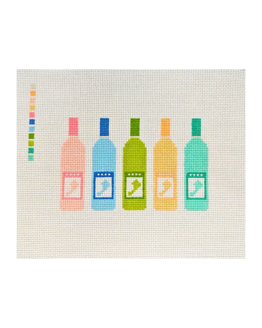 Threaded & Tipsy Colorful Wine Bottles 13 mesh needlepoint canvas featuring colorful wine bottles