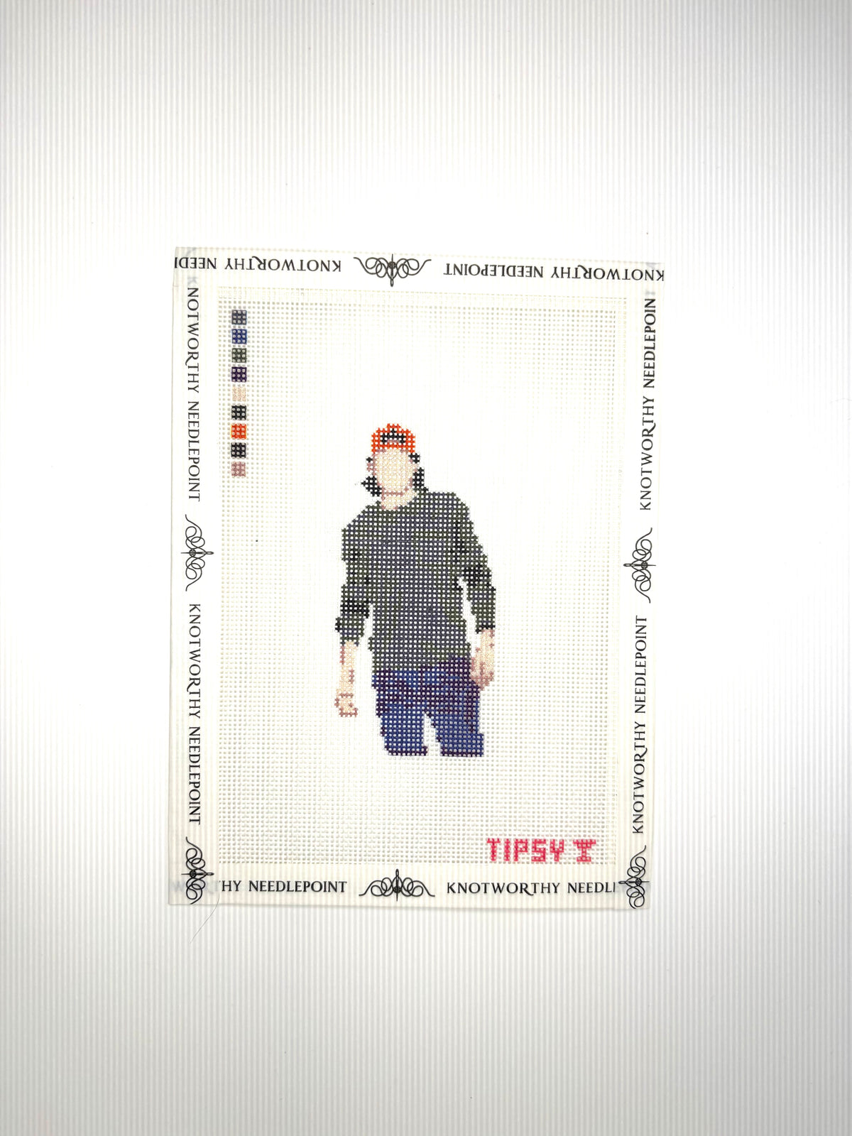 Threaded & Tipsy Country Singer stitch-painted 18 mesh needlepoint canvas with red cap and jeans