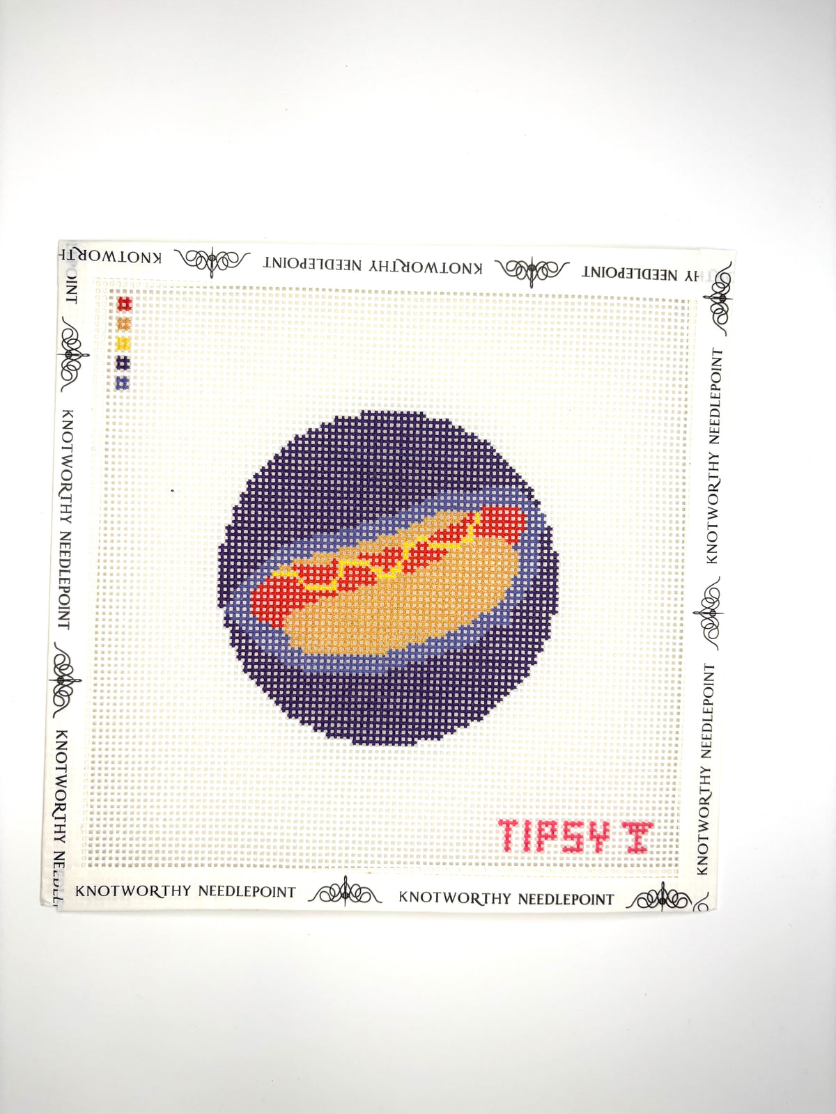 Threaded & Tipsy Hotdog Round 4 inch stitch-painted 13 mesh needlepoint canvas