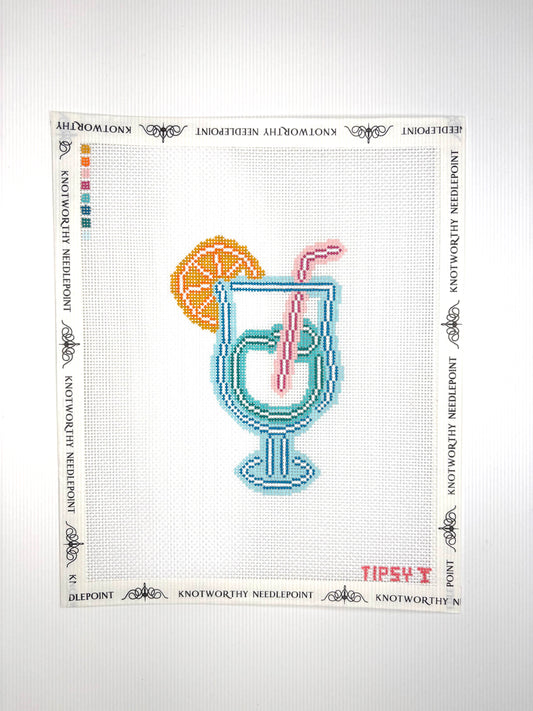 Threaded & Tipsy Neon Cocktail stitch-painted 18 mesh needlepoint canvas with colorful neon cocktail glass