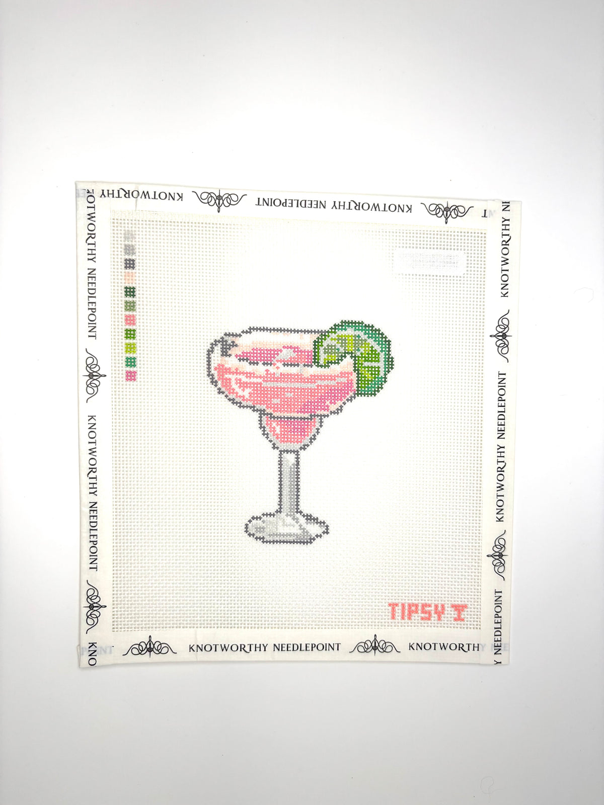 Threaded & Tipsy Pink Margarita stitch-painted 18 mesh cocktail needlepoint canvas