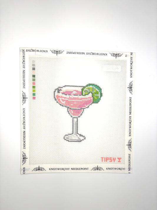 Threaded & Tipsy Pink Margarita stitch-painted 18 mesh cocktail needlepoint canvas