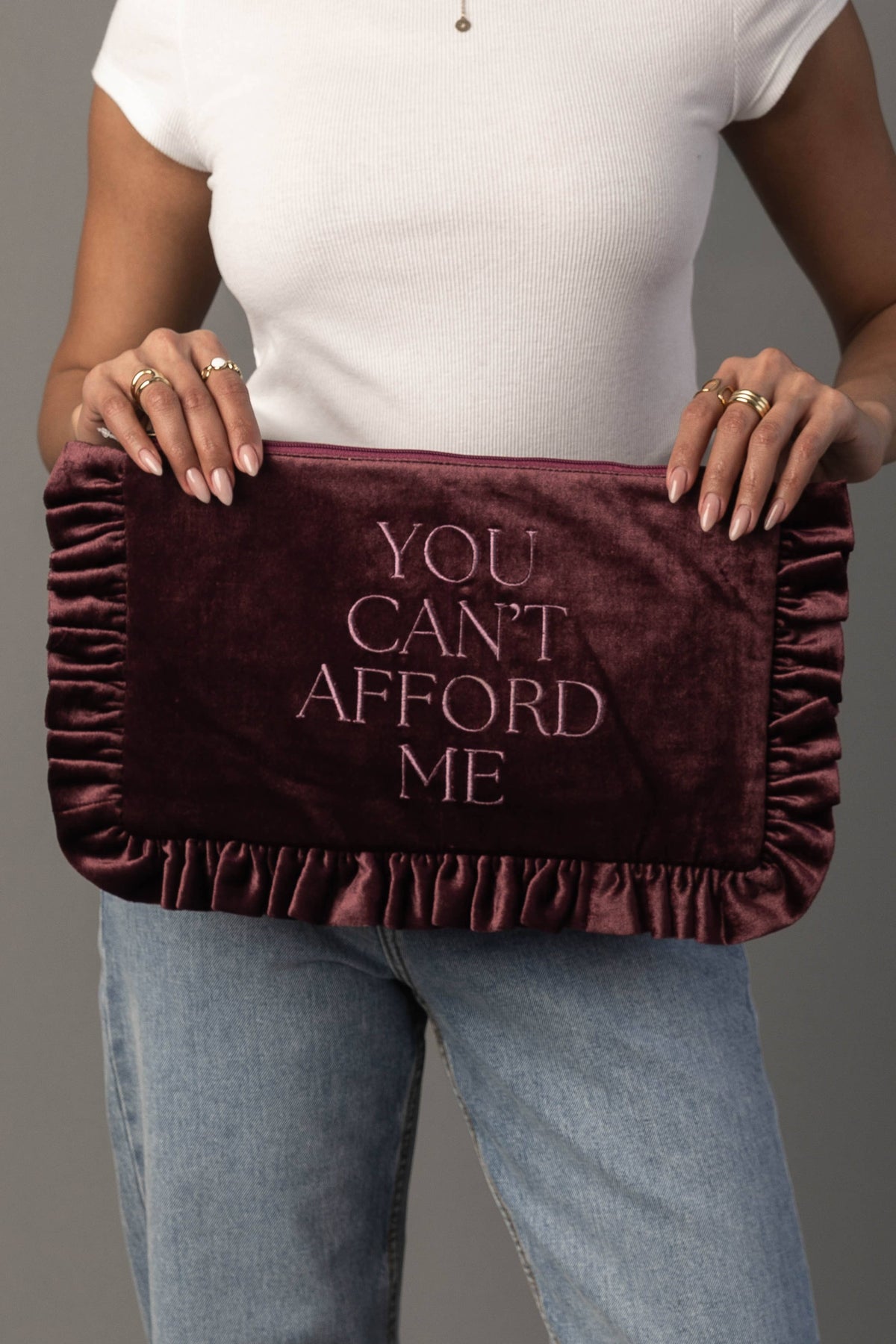 You Can't Afford Me mauve ruffle needlepoint travel pouch additional view